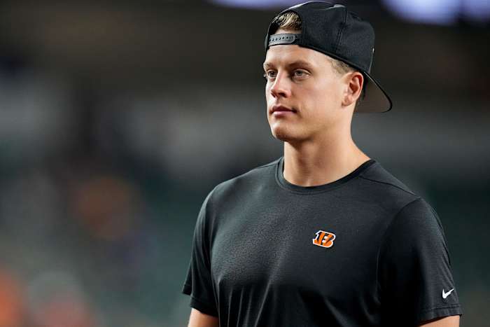 Cincinnati Bengals quarterback Joe Burrow looks on during a game.
